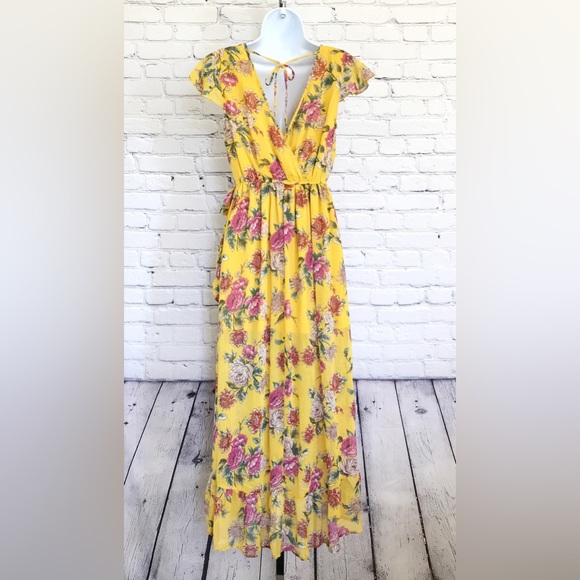 Band of Gypsies Yellow Floral Chiffon Maxi Dress Size Small - Picture 5 of 9